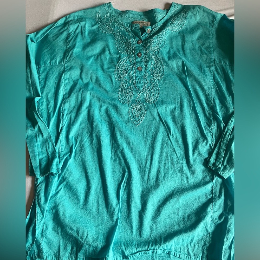 Cost Plus World Market Turquoise Embroidered Top
